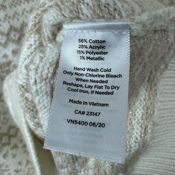 Talbots Size 2X Cream Gold Shimmer Snowflakes Fair Isle Stripes Cozy Sweater - Picture 4 of 6